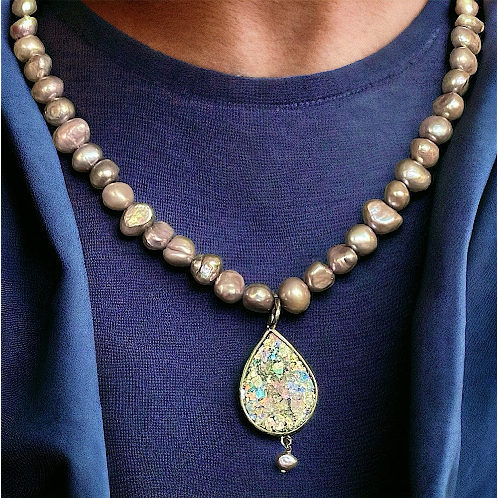 50’s Roman Glass Sterling Silver Pendant with Baroque Pearl Necklace